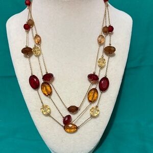 Vintage Avon SP Red Brown Acrylic Station Bead Triple Layer Necklace, Gold Tone